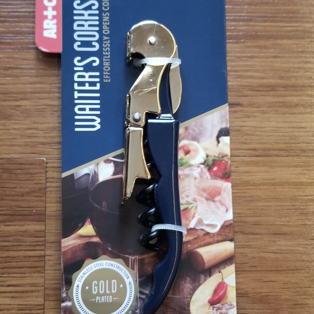 Art & Cook Waiter's Corkscrew Stainless Steel Wine Opener Navy Blue Gold Plated
